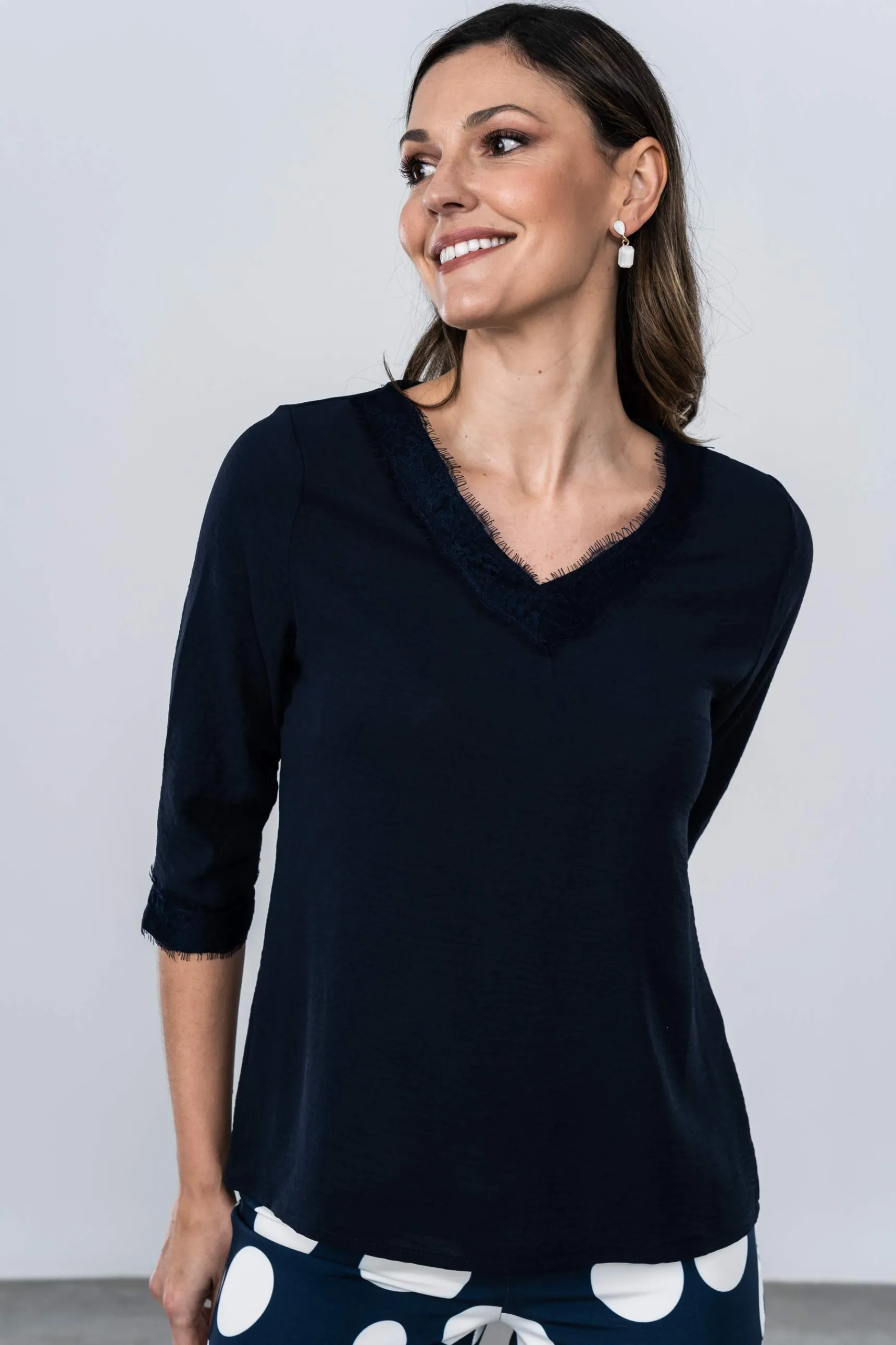 Precchio Blusas Y Camisas<BLUSA ENCAJE MANGA FRANCESA MARINO