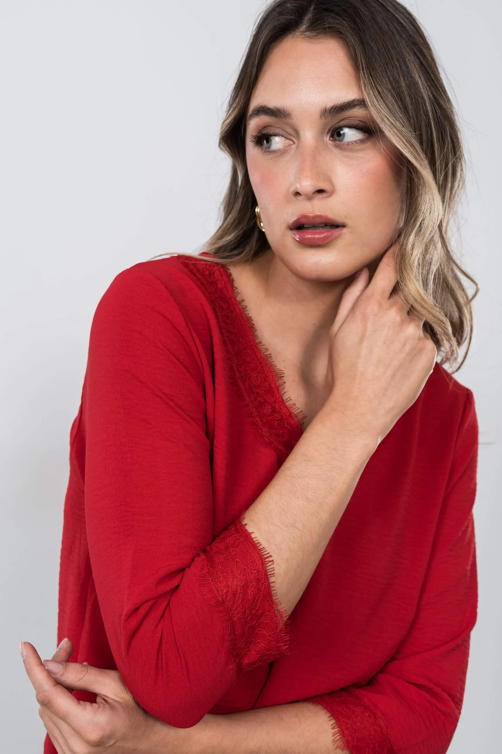 Precchio Blusas Y Camisas<BLUSA ENCAJE MANGA FRANCESA ROJO