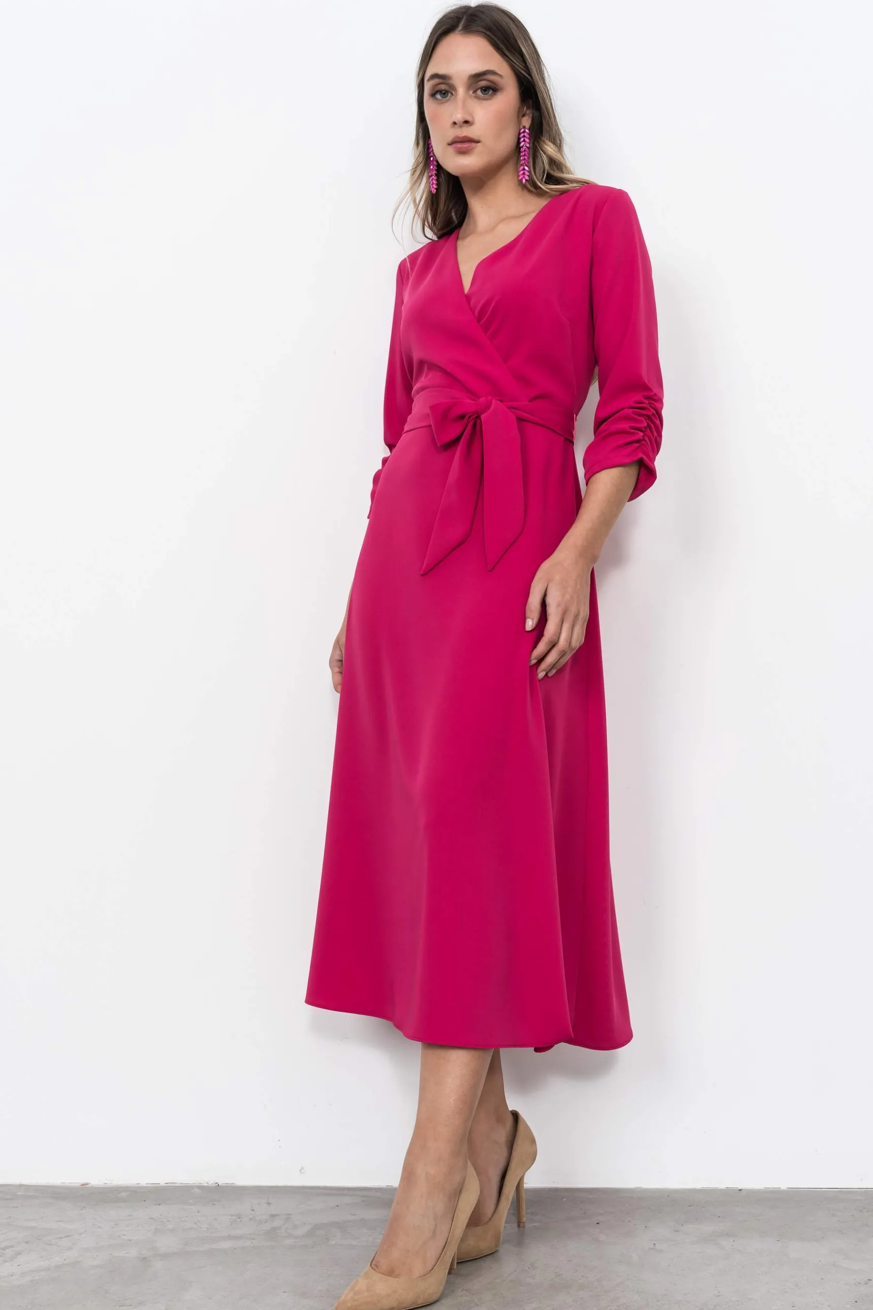 Precchio Vestidos<VESTIDO EFECTO CRUZADO FUCSIA
