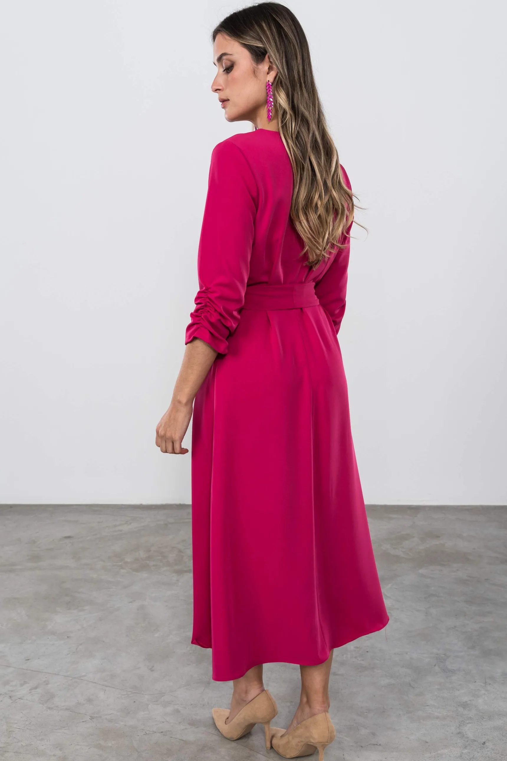 vestido_efecto_cruzado_fu_7.webp Precchio Vestidos<VESTIDO EFECTO CRUZADO FUCSIA