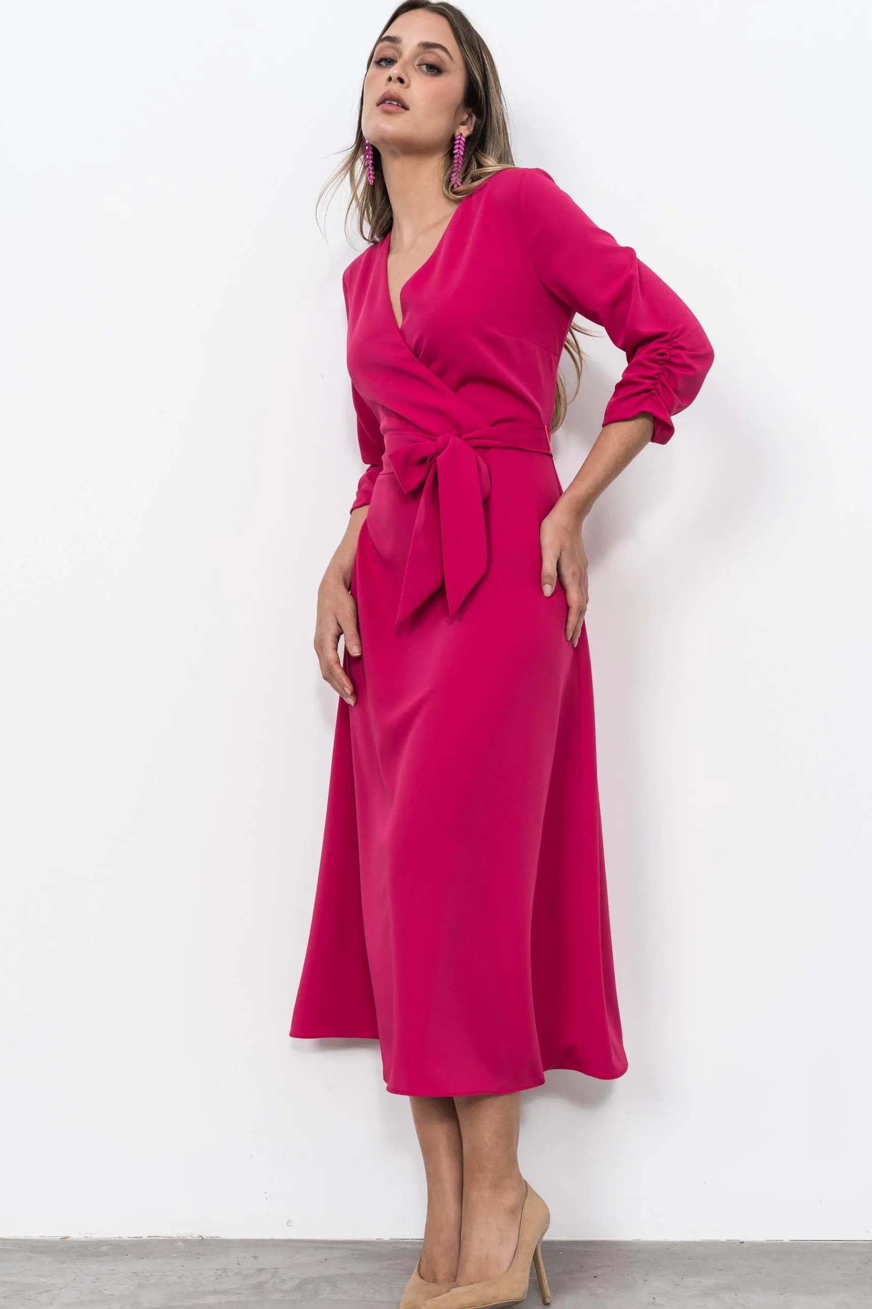 vestido_efecto_cruzado_fu_8.webp Precchio Vestidos<VESTIDO EFECTO CRUZADO FUCSIA