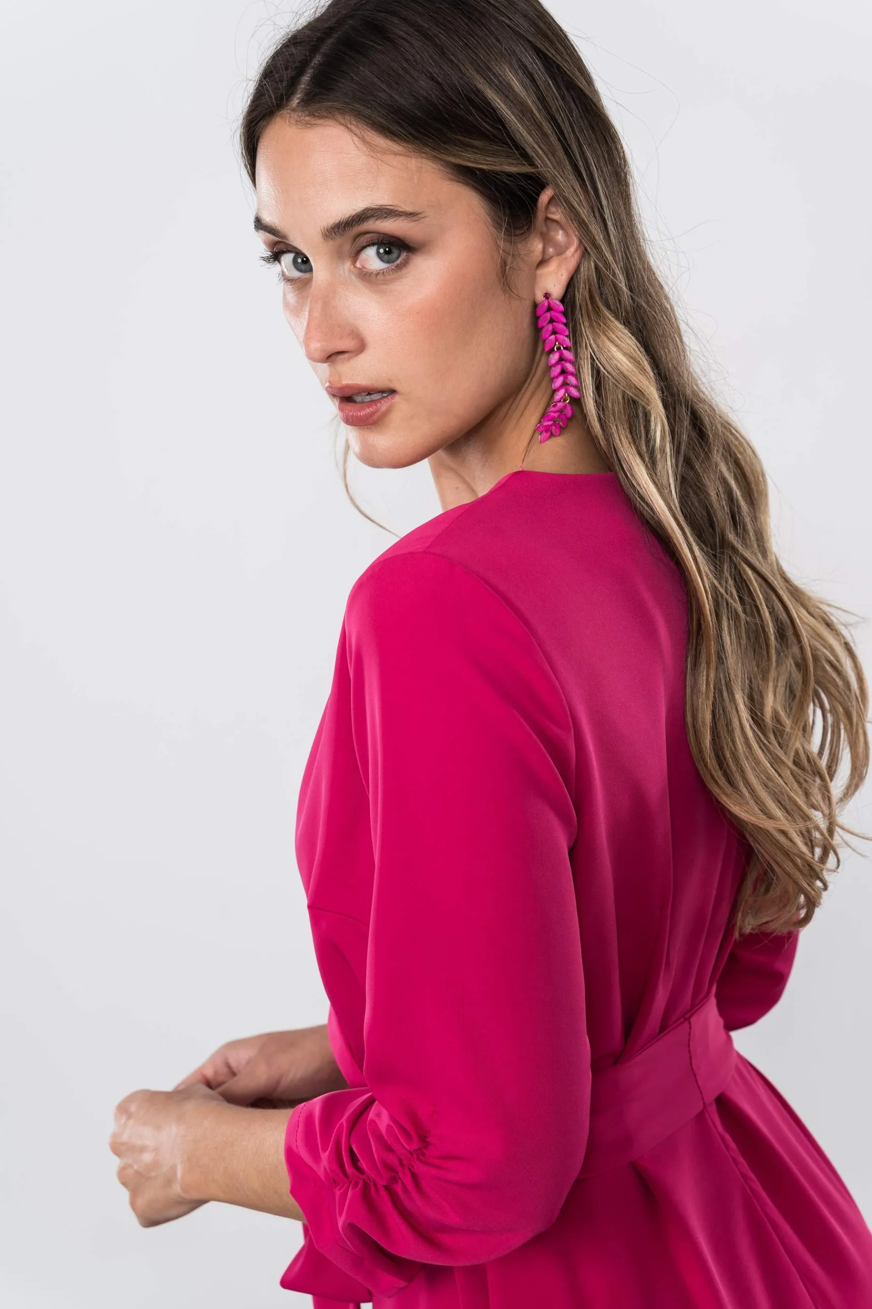 vestido_efecto_cruzado_fu_9.webp Precchio Vestidos<VESTIDO EFECTO CRUZADO FUCSIA