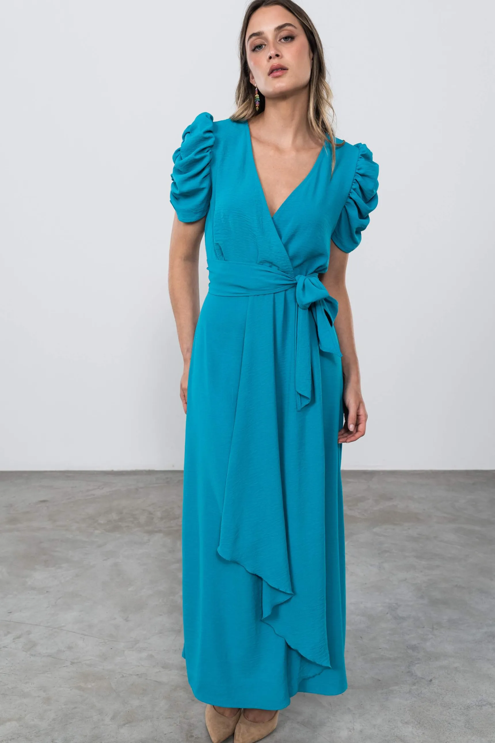Precchio Vestidos<VESTIDO MANGA FRUNCES TURQUESA