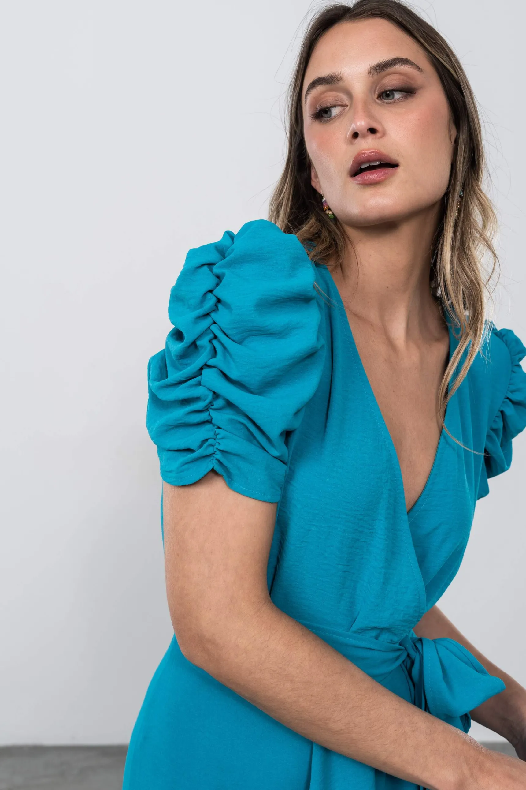 Precchio Vestidos<VESTIDO MANGA FRUNCES TURQUESA