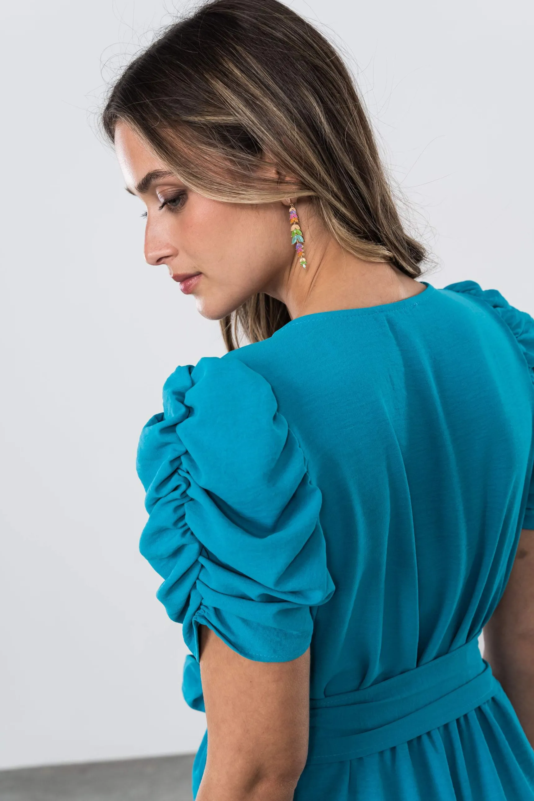 vestido_manga_frunces_tur_7.webp Precchio Vestidos<VESTIDO MANGA FRUNCES TURQUESA